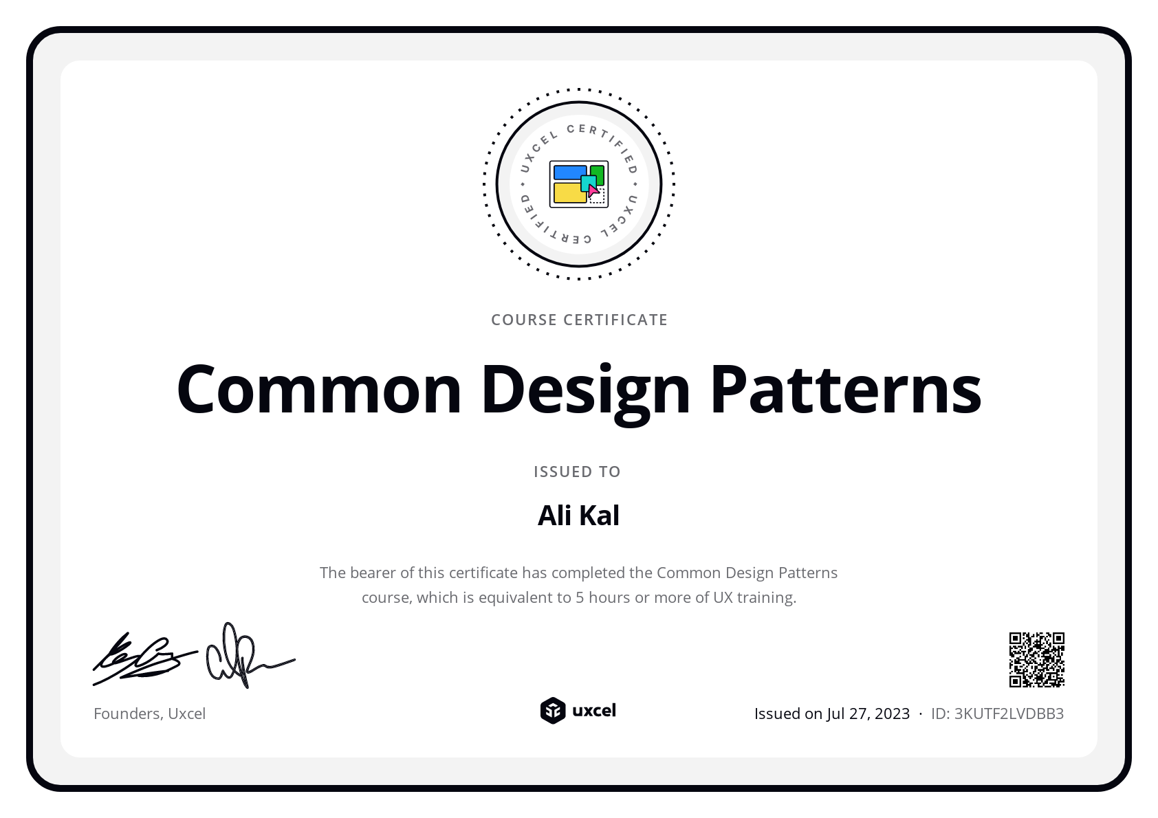 Ali Kal's certificate